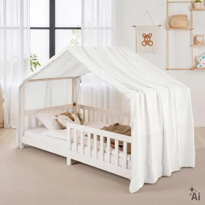 Produktbild von Betthimmel für Hausbett LIAN-1 mit Pompons, 100% Musselin Baumwolle - Weiß