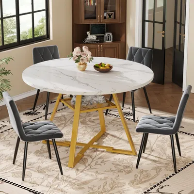 Image de Ensemble de salle à manger (5 pièces), table ronde de 120 x 120 x 75 cm avec 4 chaises, table basse ronde pour 4 à 6 personnes, chaises gris velours