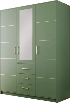 Produktbild von Furniture24 Kleiderschrank Bali II D3 Schrank 3 Türiger mit Spiegel Kleiderstange und 3 Schubladen Flaschengrün