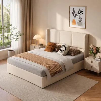 Produktbild von INONEFT Polsterbett 160x200 cm cm mit stauraum, Jugendbett Hydraulique Bettkasten, Doppelbett Jugendbett mit Lattenrost, Leinen, Beige, KI-generiertes Bild