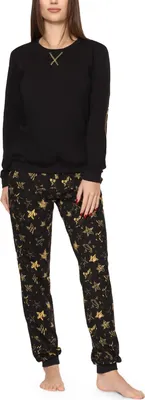 Produktbild von Merry Style Damen Schlafanzug Zweiteiler lang Pyjama Langarm Lange Hose mit Muster MS10-168 (Schwarz Gelbe Sterne, L)