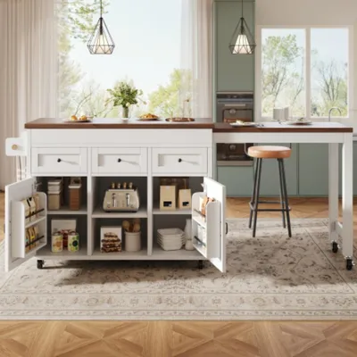 Produktbild von Kücheninsel mit Stauraum, ausziehbarer Esstisch Bartisch (131,5-210 cm), 360° drehbare, mit Schubladen und Schränken