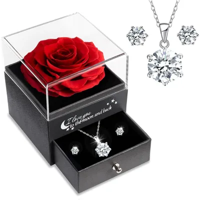Immagine prodotto di Rosa eterna con ciondolo e orecchini in argento sterling 925, colore rosso