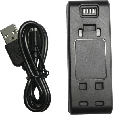A black dual battery charger and a black USB cable are displayed against a white background.
