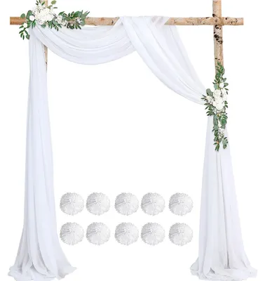 Produktbild von Hochzeitsbogen-Vorhang - Polyesterfaser - Dekoration für Hochzeiten und Fotografie - 0,76 x 6 m - 2 Stück mit 10 weißen Papierblumen