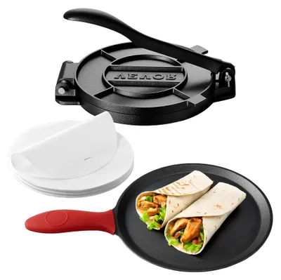 Produktbild von Tortillapresse für Tacos (20 cm) aus Graueisen mit Griff und 100 Blatt Pergamentpapier