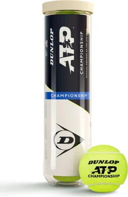 A can of Dunlop ATP Championship tennis balls with one ball in front.