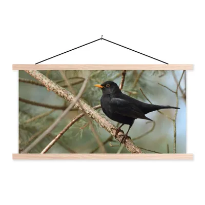 Produktbild von MuchoWow® Textilposter Vogel - Amsel - Zweige - Tiere 60x30 cm mit holzfarbenen Rahmen - Dekoration