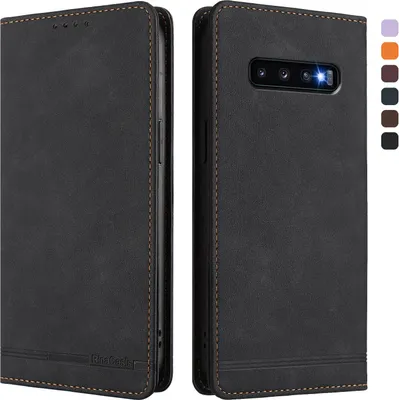 Image de Étui pour Samsung Galaxy S10 Plus, étui rétro en cuirPolyuréthaneavec support et fentes pour cartes de crédit Noir