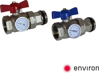Produktbild von Kugelhahn-Anschluss-Set 1" gerade mit Thermometer – rot/blau – für Heizkreisverteiler