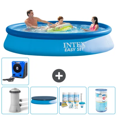 Produktbild von Intex runder aufblasbarer Easy Set-Schwimmpool – 366 x 76 cm – Blau – inklusive Pumpe Abdeckung - Wartungspaket - Filter - Wärmepumpe