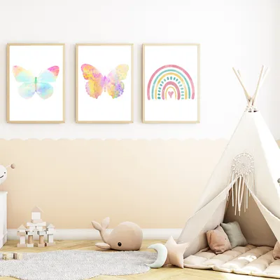Produktbild von Bunte Schmetterlinge 3er Set Kinderzimmer Bilder DIN A4 Poster Babyzimmer Wandbilder Dekoration