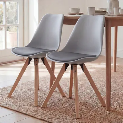 Image de FineBuy Chaises de salle à manger grises, lot de 2, chaises scandinaves à pieds en bois, ensemble de chaises rétro, chaises de cuisine en plastique avec dossier en similicuir, chaise de cuisine