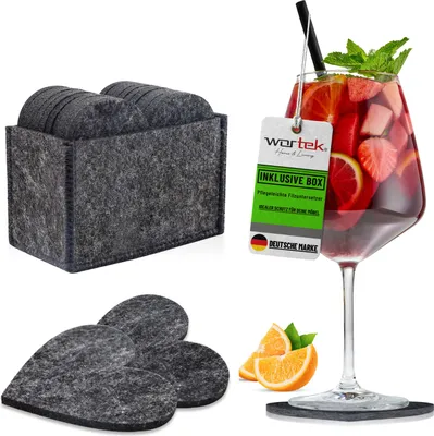 Produktbild von wortek Filz Untersetzer - Deko Tischset + Aufbewahrungsbox I für Gläser & Tisch, 10er Set I 10cm I Herz, Schwarz