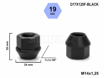Obrázok produktu pre Matica kolesa M14x1,25 s otvoreným kužeľom, kľúč 19, D17X125F-BLACK čierna, výška 25 mm