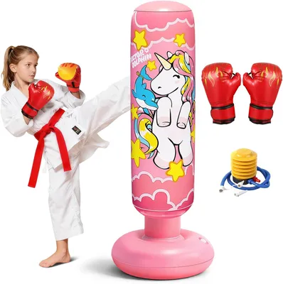Produktbild von Boxsack Kinder 3+Jahre für Jungen & Mädchen, Aufblasbarer Standboxsack mit Boxhandschuh, Dickes Stabile 120CM Großer Punching Bag zum Üben von Karate