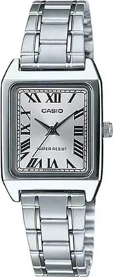 A close-up studio shot of a silver Casio watch with a rectangular face and Roman numerals.