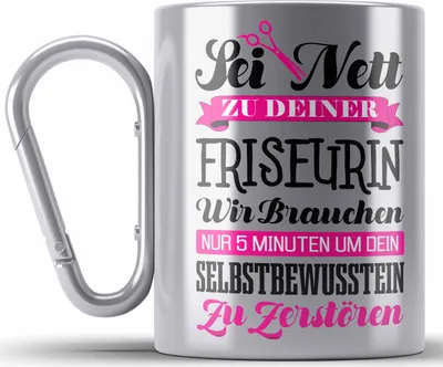 Produktbild von Trendation - Friseurin Edelstahl Tasse Karabiner Geschenk Zubehör Geschenkideen Friseursaloneröffnung Frisörin Edelstahl Tasse Karabinern Karabiner Edelstahl Tasse Karabiner Edelstahl Spruch Friseur (Silber)