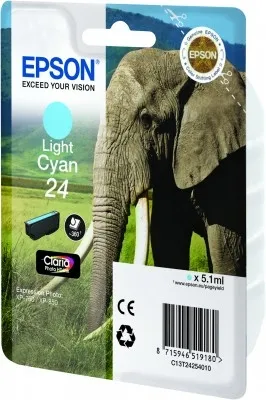 Obrázok produktu pre Epson Elephant Singlepack Light Cyan 24 Claria Photo HD Ink, Štandardná výťažnosť, Azúrová, Atrament na pigmentovej báze, 5,1 ml, 1 kusov, Balenie po jednom kuse
