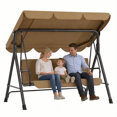 Produktbild von Hollywoodschaukel 3-Sitzer, Gartenschaukel mit Verstellbarem Sonnendach, Wetterfest, Metallkonstruktion, Schaukelbank bis 200 kg, Gartenliege, Braun