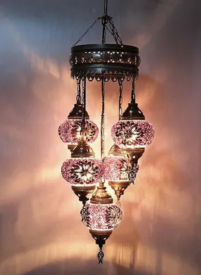 Image de Suspension turque à 5 flammes en verre mosaïque rose - plafonnier oriental avec 5 boules en verre