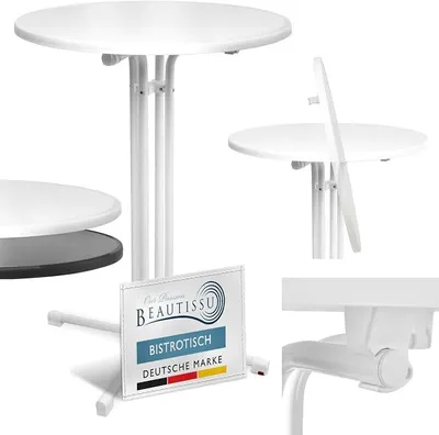 Imagen del producto de Mesa plegable redonda, resistente a los arañazos, estable, resistente a la intemperie | 60 cm, blanca. Mesa de exterior, montaje sencillo. Mesa para cerveza, mesa para fiestas, mesa de bar, mesas altas. Soporte preensamblado. Para jardín. Bellini