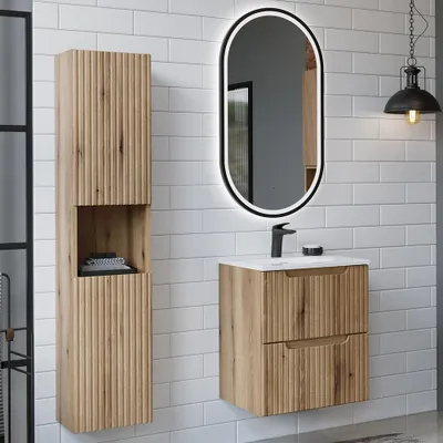 Produktbild von Badmöbel-Set 3-teilig mit 50 cm Waschtisch in Eiche mit gerillter Front - NEWPORT-56-EVOKE