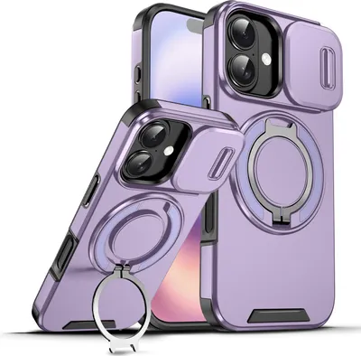 Obrázek produktu pro Dvouvrstvé pouzdro pro iPhone 17, s posuvným krytem fotoaparátu a magnetickým kroužkovým stojánkem Fialová