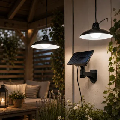 Produktbild von LUMILED 2 Flammig Solar Hängelampe mit Fernbedienung, Solarlampe für Außen Hängend, Solar Lampe Deckenleuchte Outdoor, 2x LED Neutralweiß 4000K, IP44 2200mAh Hängebügel Kronleuchter Solar Hängeleuchte für Garten Terrasse Balkon Pavillon