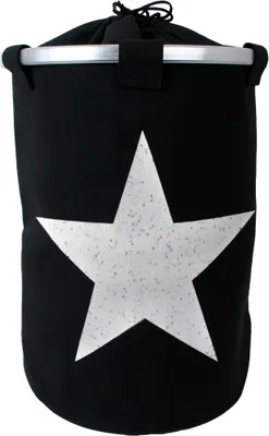 A black laundry basket with a white star design.