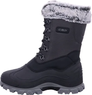 A side view of a black winter boot with gray fur trim.