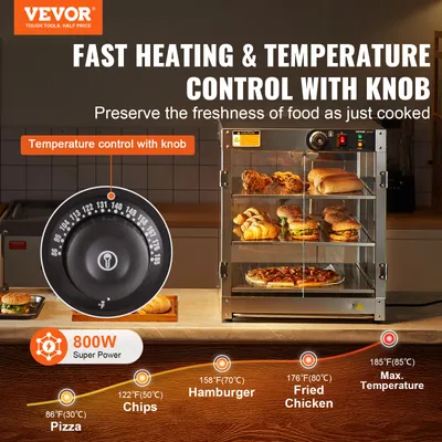 Obrázek produktu pro VEVOR 3stupňový komerční ohřívač potravin, 800 W ohřívač potravin s osvětlením pro lepší prezentaci potravin, regulace teploty od 30 °C do 85 °C, objem 90 litrů