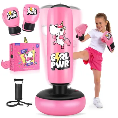 Produktbild von Aufblasbarer Boxsack Einhorn Kinderboxsack - 167,6 cm - Mit Boxhandschuhen - Rosa - Für Kinder von 5 bis 12 Jahren