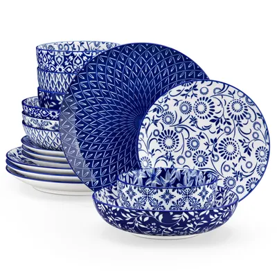 A stack of blue and white patterned plates and bowls.