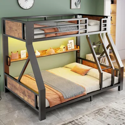 Image de Lit superposé Flieks, dimensions 90x200/140x200 cm, avec échelle, lit simple surélevé avec étagère, lit pour adolescents avec espace de rangement et éclairage LED, couleur noire, structure en métal et bois