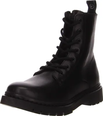 A black leather combat boot is shown against a white background.