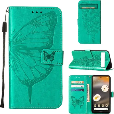 Produktbild von Google Pixel 7A Hülle, Schmetterling Prägung Flip Leder Kartenfächer Schutzhülle Ledertasche mit Ständer für Google Pixel 7A Grün