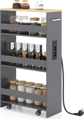 A gray kitchen cart with four shelves filled with jars of spices and other food items, placed on a white background.