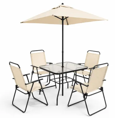 Immagine prodotto di Set 6 Pezzi da Pranzo per Giardino Patio con Ombrellone 4 Sedie Pieghevoli e Tavolo 85x85x70 cm Beige