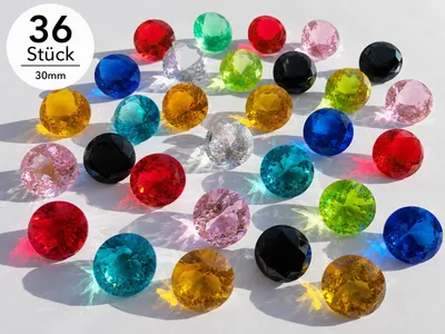 36 bunte Acryldiamanten mit 30 mm Durchmesser in verschiedenen Farben. Funkelnde Deko-Edelsteine für, KI-generiertes Bild