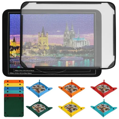 Produktbild von Juksun Puzzlebrett 81x56x0.9cm Filz schwarz mit Staubschutz und 6 Sortierschalen für 1000 Teile und stabil leicht