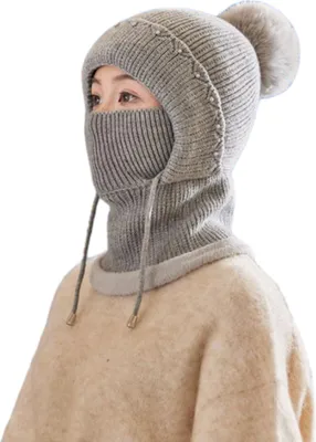 Produktbild von Winddichte Damen-Strickmütze mit Fleecefutter, 3-in-1-Kapuzenschal, Kopfbedeckung für kaltes Wetter, Skifahren, Wandern