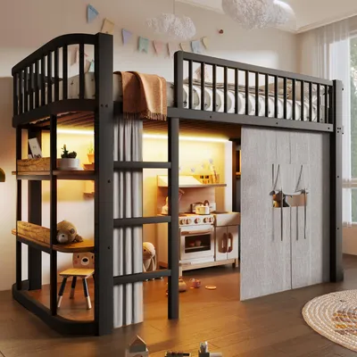 Zdjęcie produktu dla Łóżko piętrowe, 90 x 200 cm, metalowa rama, zasłony zaciemniające, dolna część z możliwością indywidualnej konfiguracji, oświetlenie LED, materac nie jest w zestawie, kolor czarny