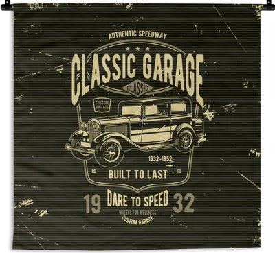 Produktbild von MuchoWow® Wandteppich Wandbehang Mancave - Auto - Garage - Vintage 60x60 cm Tapisserie Dekoration Wandtuch - Dekorationen - Wand Decke