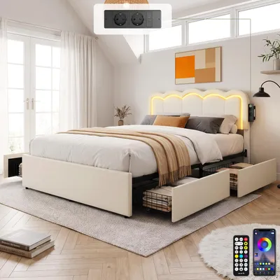 Produktbild von OYAJIA 90x200cm Polsterbett Einzelbett Kinderbett Jugendbett, Ladestation & LED-Beleuchtung,PU-Kunstleder 2 Schubladen ,Modernes Jugendbett