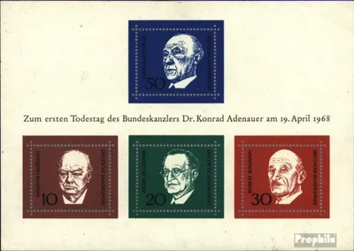 Produktbild von Briefmarken BRD (BR.Deutschland) 1968 Mi Block4 (kompl.Ausg.) postfrisch 1.Todestag von Adenauer / Bl.4