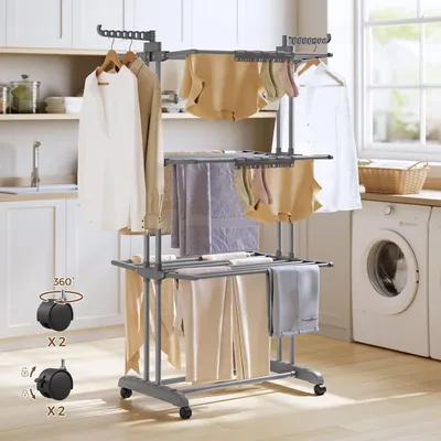 Produktbild von SONGMICS Wäscheständer, Standtrockner 4 Ebenen, Flügelwäscheständer, klappbar, rollbar, Sockenhalter, 63,5 x 128 x 173 cm, grau