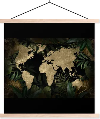 Produktbild von MuchoWow® Textilposter Weltkarte - Gold - Blätter 40x40 cm mit holzfarbenen Rahmen - Posterleiste
