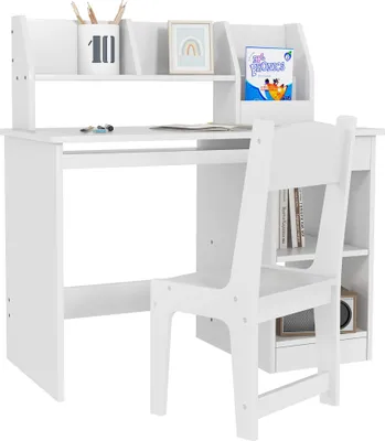 Image de ZONEKIZ Bureau enfant avec chaise ergonomique, table enfant et chaise avec 2 tiroirs, étagères ouvertes et niches, table pour l'étude, le travail et l'écrire, 90 x 45 x 90 cm, blanc