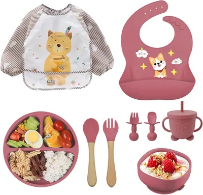 Imagen del producto de Juego de vajilla para bebés, de 9 piezas, sin BPA, apto a partir de los 6 meses, con ventosa antideslizante, ideal para bebés y niños pequeños